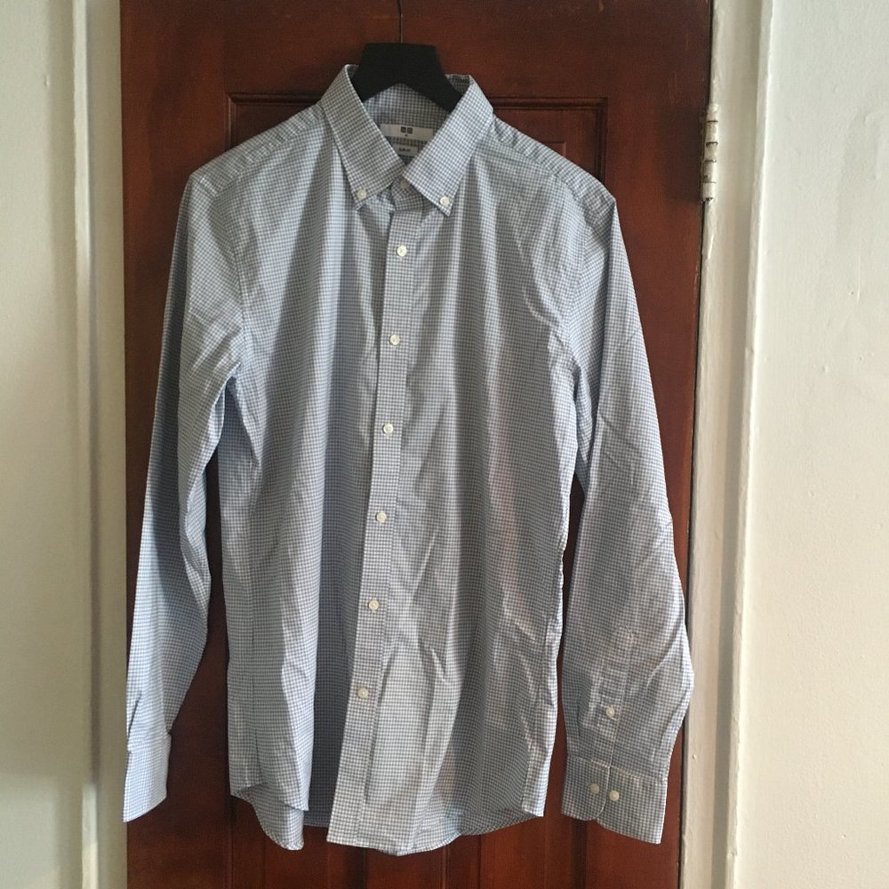 Uniqlo White with Blue check Button Down Shirt.